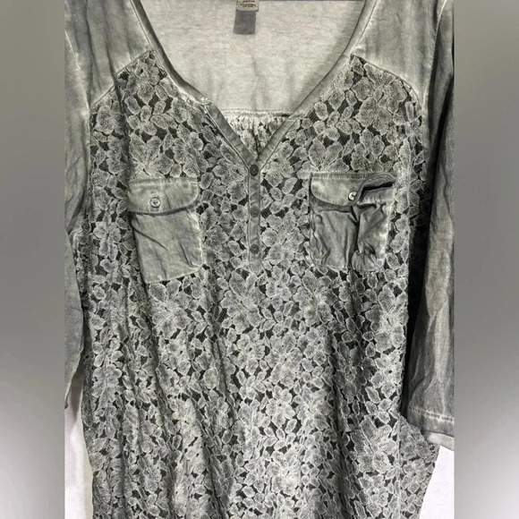 CATHERINES Women Acid Wash Faded Green Lace Vneck Pockets Blouse Tank Top Sz 2x - Picture 5 of 8